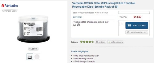 Verbatim DVD R DataLifePlus Inkjet Hub Printable 94917 B H Photo